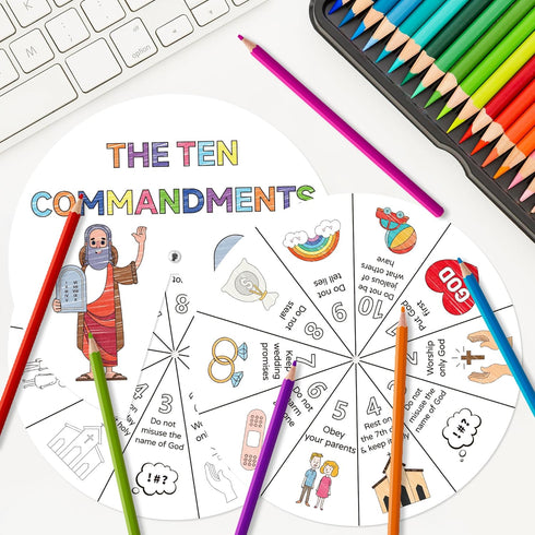 Commandments 24 Sets 10 Commandments COcnny Ten Coloring Craft - Color Your Own Religious Art Wheel Kit for Kids, DIY