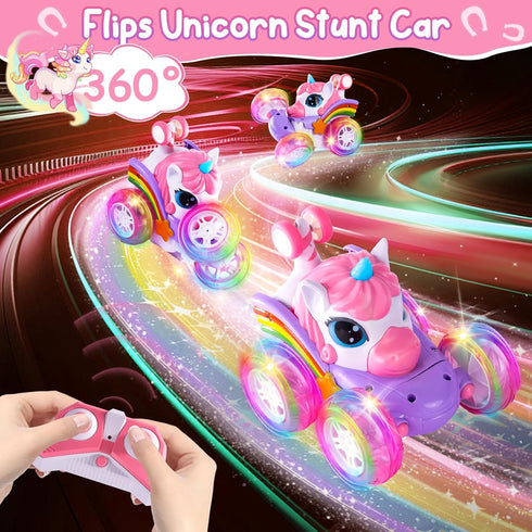 SUMEAUT 360 4WD 2.4GHz 3-6 7-9 (LY-018) Remote Control Car Unicorn for Girls Rotating Stunt RC Cars with Cute Cool LED