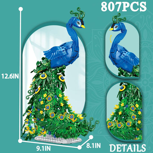 USVillGO Set, Teen(807PCS) Flowers Peacock Building Block Fly Animal Art Bird Peacock on Botanicals Green Vivid Feather