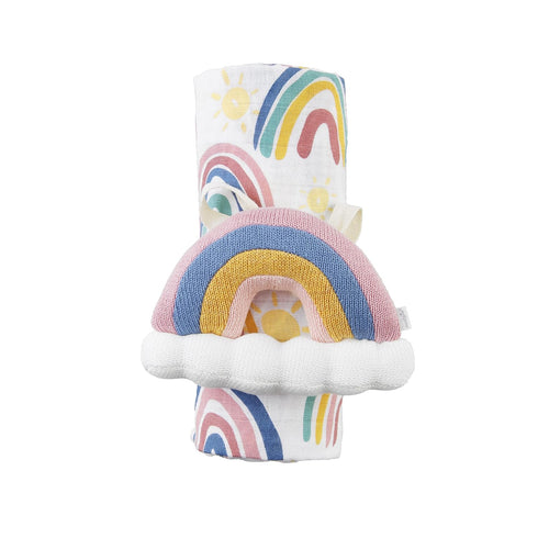 Set, Mud Pie Children's Swaddle & Rattle Rainbow