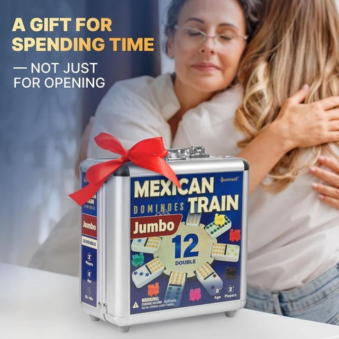 Set 12 Set 91 Queensell Mexican Train Dominoes Double Jumbo Dominoes for Adults, Tiles with Colorful Dots, Wooden Hub