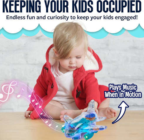 3+ Playbees Light Up Transparent Gear Airplane Kids Bump and Go Autism Toys Colorful Moving Gears with Music and LED