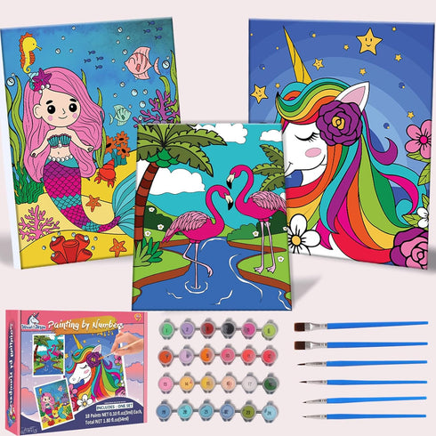 3 Pack Paint-by-Numbers Kit for Kids, 8x10 Inch Framed Canvas with 24 Acrylic Paint Pots, 6 Brushes, Art Set