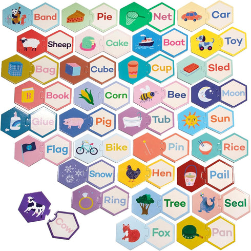 eeBoo Hexagon Puzzle Pairs, Simple Words, 33 Pairs for Pre-Reading Activity, Educational for Kids Ages 3+
