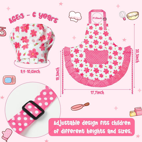 Set 2Pcs R HORSE Kid Apron and Chef Hat - Adjustable Children Pink Flower Kitchen Toddler Apron for Girls, Role Play