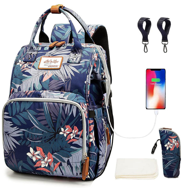 Floral Diaper Bag Backpack with USB Charging Port Stroller Straps and Insulated