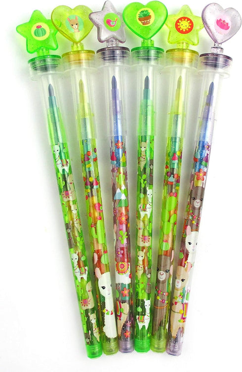 TINYMILLS 24 Pcs Llama Alpaca 2 in 1 Stackable Crayon with Extra Stamper Topper, Kids Party Favors