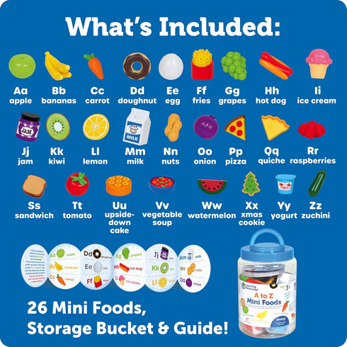Learning Resources A to Z Mini Foods, Pretend Play Kitchen Accessories for Kids, Toddler Montessori, Fine Motor Skills