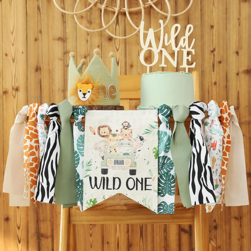 Jungle Theme High Chair Birthday Banner for Boys - Wild One Party Decor