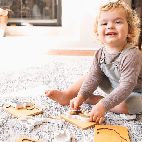 Wooden Montessori Animal Puzzles for Toddlers 2+ Years | Realistic Chunky Safari Animal Shape Puzzle | Educational Learning Toy
