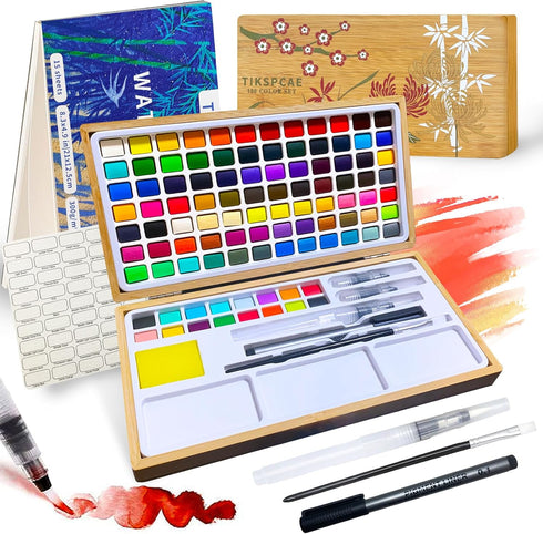 TIKSPCAE Watercolor Paint Set,100 Colors in Nature Bamboo Box,Portable Water Colors Kit with