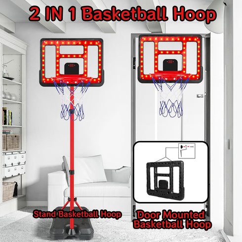 Kids Basketball Hoop Adjustable Height 3.5FT-6.2FT, Indoor & Outdoor with Scoreboard & LED for Ages 3-8