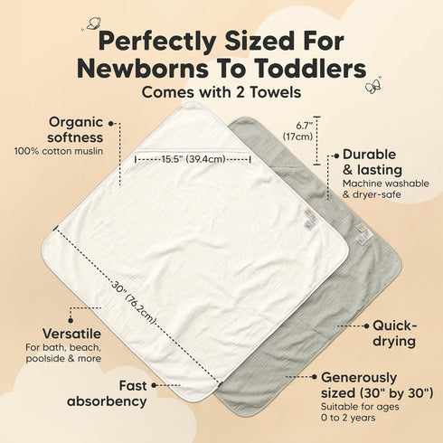 2-Pack, 30x30 KeaBabies Muslin Hooded Baby Towels for Newborn Girls, Boys - Organic Cotton Baby Bath Towels Hooded
