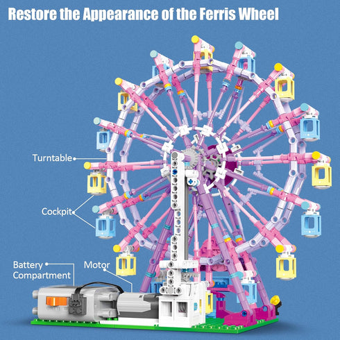 Ferris Wheel Building Block Set with Fairy Light, Two-Way Rotating Ferris Wheel Building Set, 813 Pieces, Amusement
