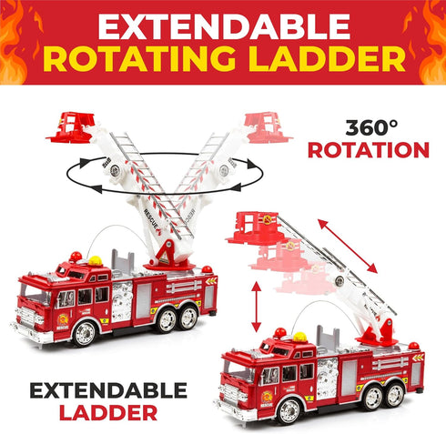 3-7+ Toysery Fire Truck Toy with Flashing Lights & Siren Sounds for Kids, Extendable Rotating Ladder, Bump and Go