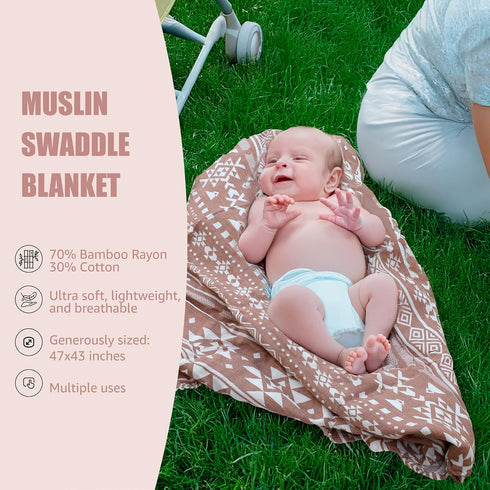 Set 5-Piece Baby Girl Gift - Baby Girl Shower Gifts with Muslin Swaddle Blanket, Wooden Teether, Headbands & Hello