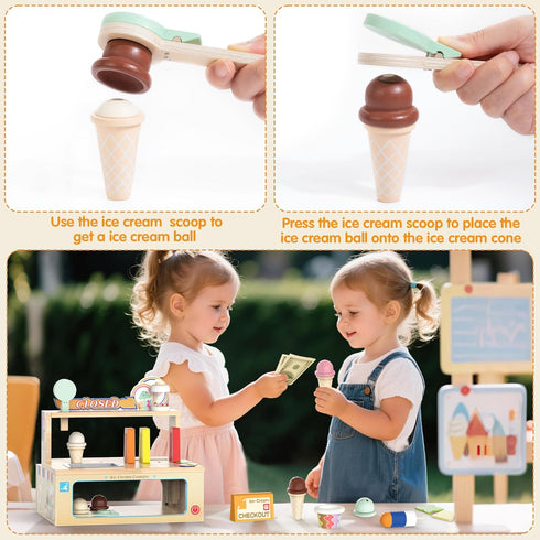 Set 52-Piece Counter Playset 3 4 5 6 Foldable Wooden Ice Cream Toy Pretend Play Food Store for Toddlers, Kids Ice Cream
