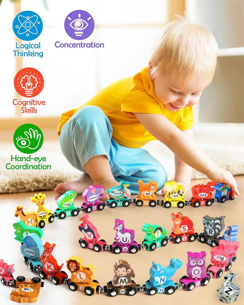 Set Set 3-5 Vanmor Wooden Train for Toddlers - Snap-Connection Animal Trains, Magnetic Alphabet Train Learning Toys