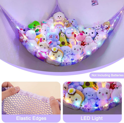 Stuffed Animals Net or Hammock, Kids Toy Storage Organizer with LED Light, Hanging Corner Holder for Girls Room Decor