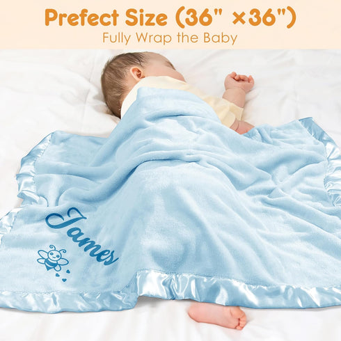 Blue(36" 36") Corissy Personalized Baby Blanket with Name, Custom Flannel Swaddle Blankets, Customized Embroidered