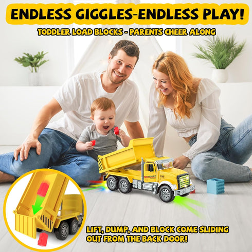 1 2 3 4 5 6 Car Toys for Toddlers, Dump Truck Toy with Self-Lifting Bed, Lights Music Toy Trucks Construction Vehicle