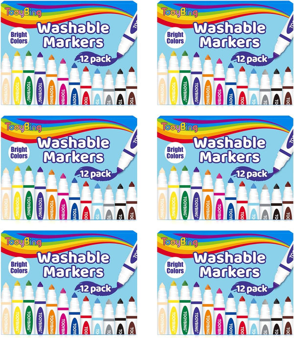 TooyBing Washable Markers Bulk (72 Count, 6 Box), 12 Assorted Colors, Washable