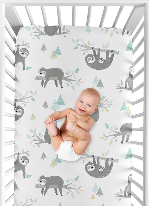 Sweet Jojo Designs Unisex Blue and Grey Jungle Sloth Leaf Fitted Crib Sheet for Baby Toddler Nursery - Turquoise, Gray,