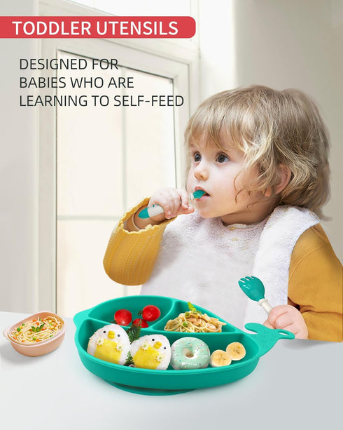 Deejoy Toddler Utensils with Travel Case, Silicone Bendable Handle Baby Spoons and Forks Set for Self Feeding, Green