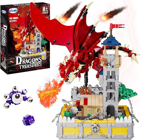 WINNER SPACE Dragons & Treasures Building Block Sets, 927 Pcs Red Dragon Medieval Castle Kits for Kids 8-12+