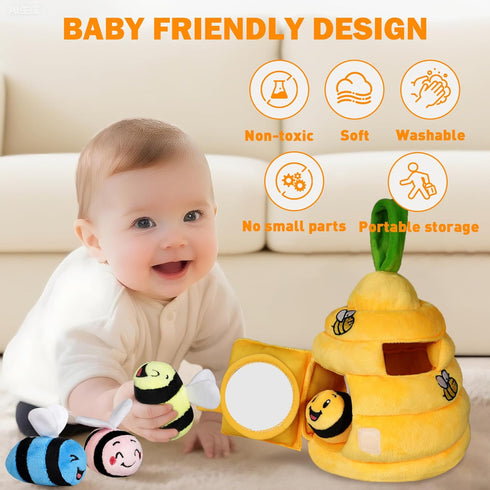 Sortnic 6-12 4 0-3 Baby Toys Months, Soft Beehive with Sensory Bees, Map Pad, Rattle, Crinkle Paper, Squeaker, Mirror