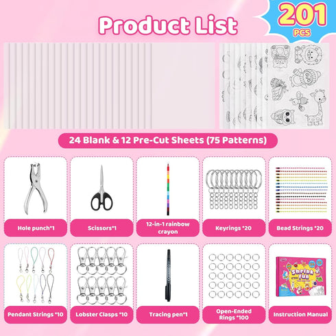 201pcs 24 12 (75 Set Shrink Paper Keychain Kit, Blank & Pre-Cut Sheets Patterns) Crafts Kits for Kids Adults, Shrinking