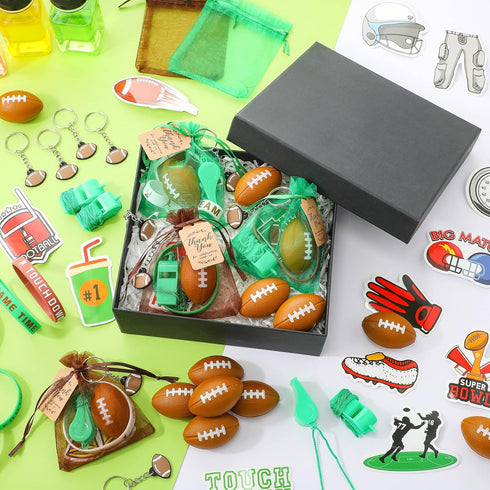 158 Pcs Football Party Favors Set - 18 Keychains, Bracelets, Mini Footballs, Whistles, Stickers & Bags