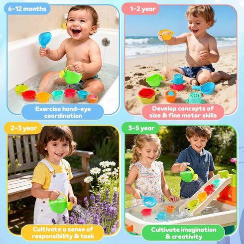 1-3 12+ 1 2 3 4 5 6 9PCS Beach Toys for Toddlers Bath Toys Sand Pool Water Table Toys Mold Free Bathtub Toys for Months