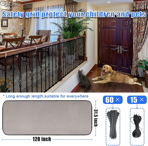 JIFTOK Baby Gate for Stairs, Banister Guard for Kids, Pets, Toys, 10ft L x 2.66 ft H, Mesh Netting Safety Net for Balcony Rail Stair, Stairway Net Baby Safety Products for Indoor & Outdoor (Black)