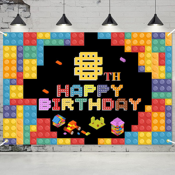 Happy 8th Birthday Banner Backdrop Colorful Building Blocks Theme Decorations for Kids Photography Party Sign
