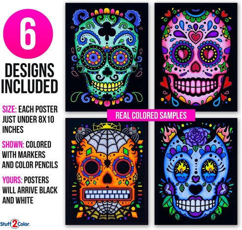 Stuff2Color Sugar Skulls Fuzzy Velvet Halloween Coloring Posters, 6 Pack for Day of The Dead Activity