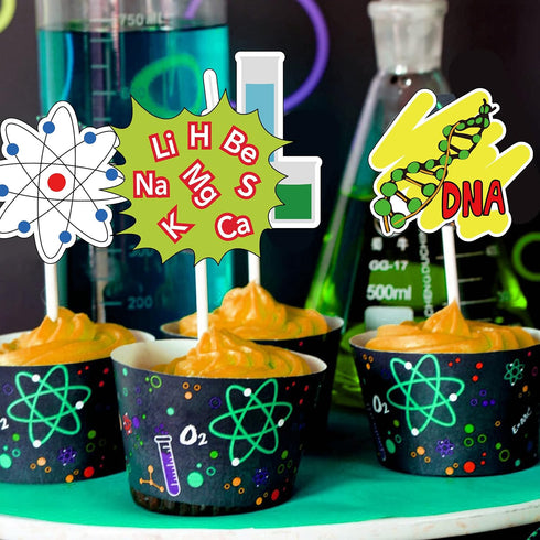 24pcs Science Theme Paper Cupcake Toppers, Mad Science Cake Decorations for Kids Astronomy Biology Chemistry Birthday