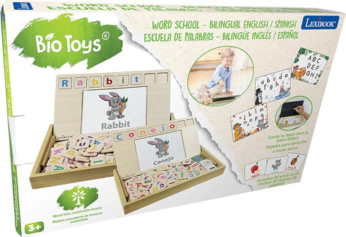 50 EDU100i2 Lexibook Bio Toys Word School, Bilingual Spanish/English, Wooden Game, Word Cards, Alphabet, Educational