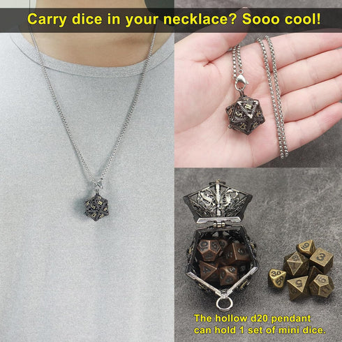 Haxtec Mini Metal DND Dice Set - 20mm Black Gold Hollow D20 Necklace with Antique Tiny Copper Dice