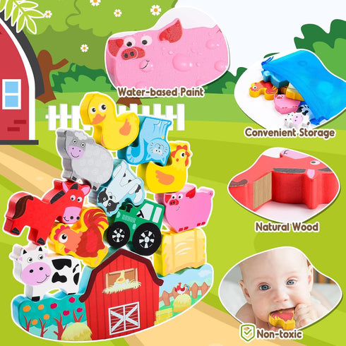 Montessori Toys for Kids 3-7, Wooden Farm Animal Blocks Stacking Games, Educational Toy for 3-6 Year Olds, Birthday
