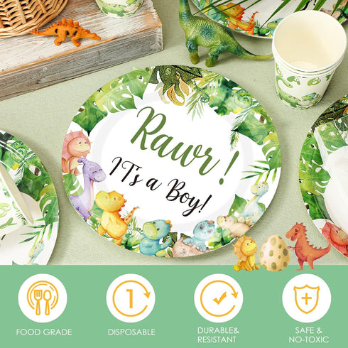 200 Pcs Dinosaur Baby Shower Party Supplies Set - Plates, Napkins, Cups for 50 Guests Girls Spring Decoration