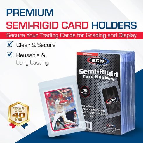 BCW Semi Rigid Card Holder #1, 50 Pack, Semi Rigid Card Sleeves for Grading, PSA Submission Card Savers
