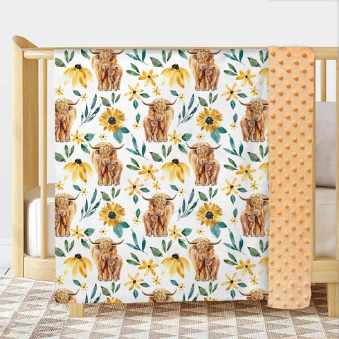 Buerhanerry 30"x40" Sunflower Highland Cow Baby Blanket for Unisex, Soft Double Layer Minky with Dotted Backing, Floral