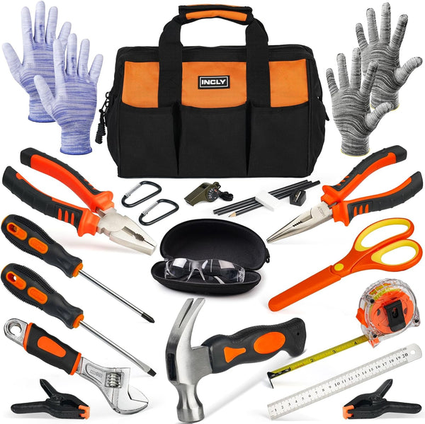 INCLY 24 PCS Kids Real Tool Set with Tool Bag, Boys Small Real Hand Tools Kit for Home DIY Building and Woodworking