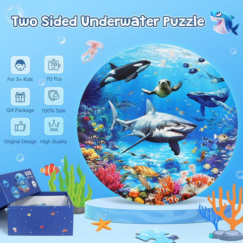 Underwater World Floor Puzzle for Kids Ages 4-8, 70 Pcs Large Round Jigsaw, Educational Toys with Gift Box