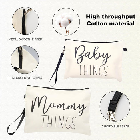 Mommy Set, 2 & Baby Bag - Canvas Zipper Pouch New Mom Essentials, Postpartum Travel Toiletry Bag for Baby, PCS