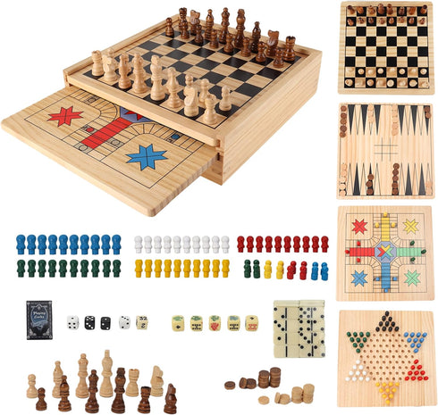 GSE Games & Sports Expert Wooden 9-in-1 Game Combo Set - Chess, Checkers, Backgammon, and More