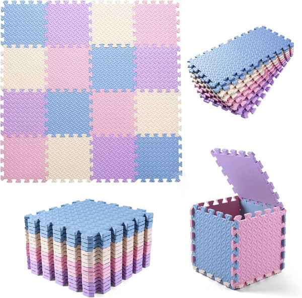 Foam Play Mat for Baby - EVA Non-Toxic Interlocking Floor Mats, Solid Colored Puzzled Mats, 16 Tiles