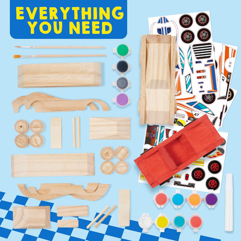 Klever Kits 4 DIY Wooden Race Cars, Build & Paint Your Own Craft Kit, Easy to Assemble Birthday Presents for Kids