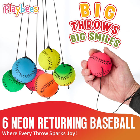 Neon Reactive Wrist Baseballs - 6 Pack Practice Sports Balls for Kids Outdoor Fun, Spring Training Party Favor Gift